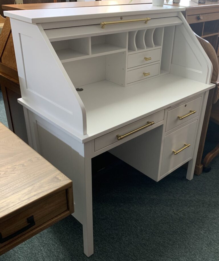 Custom Post Mission Single Pedestal Roll-Top Desk with Gold Hardware