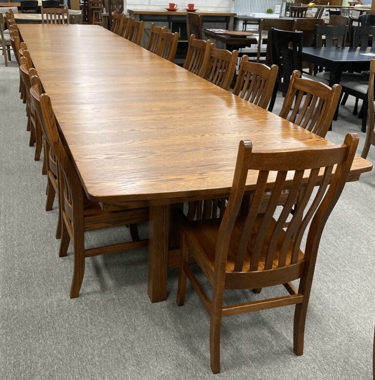 Custom Trestle Table with 14 Leaves and Abram Mission Chairs